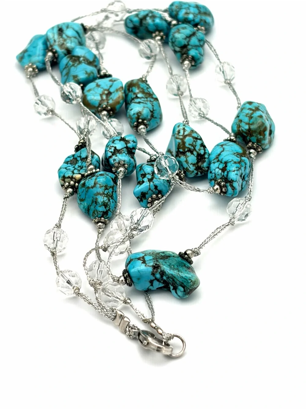 Boutique Turquoise Long Layered Necklace - Raw Turquoise Bead and Crystal